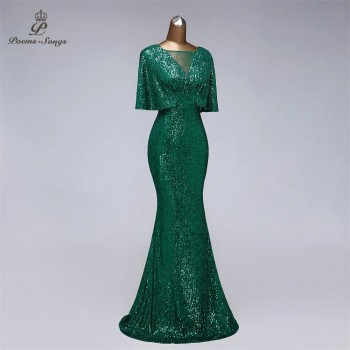 Sequin Evening dress short sleeves vestidos de fiesta green dress evening gowns for women Party dress prom